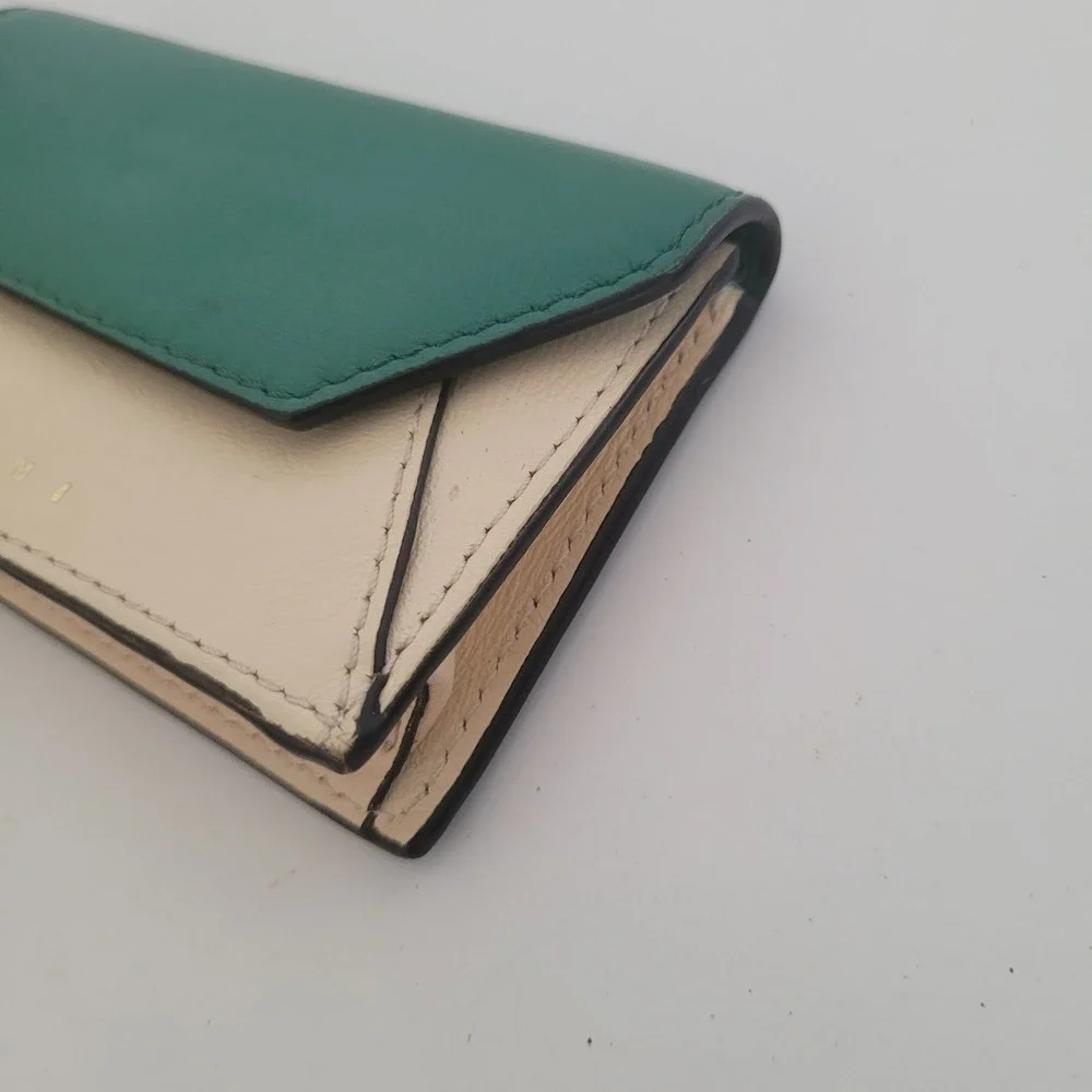 Marni Colorblock Leather Card Case Wallet‎ Green Cream Snap Accordion Italy